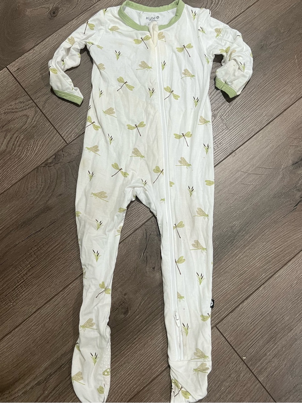 Kyte BABY White Footed One-Piece with Light Green Dragonfly Print